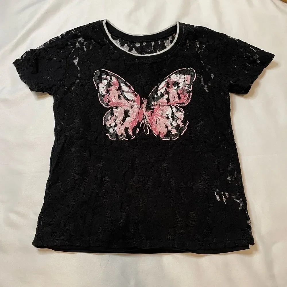 Girls Justice size 10 black lace pink butterfly shirt